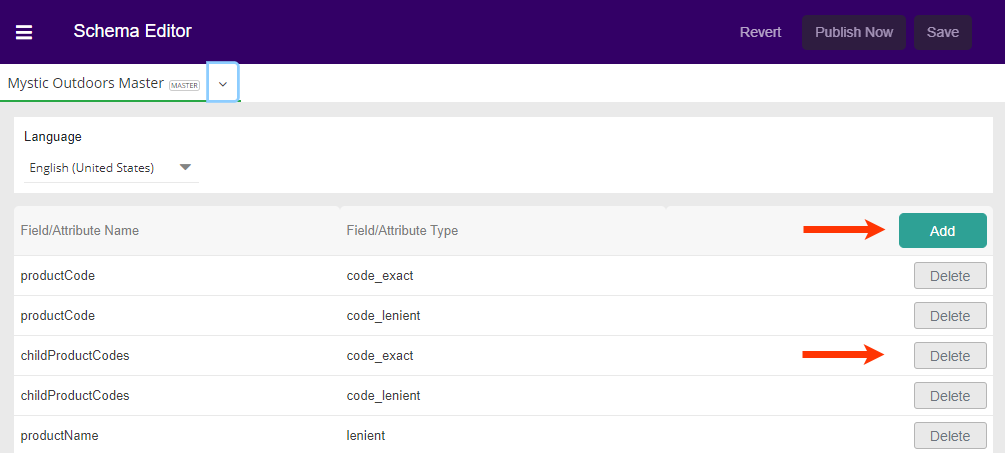 Screenshot of the field entries in the schema editor with arrows pointing to the Add and Delete buttons