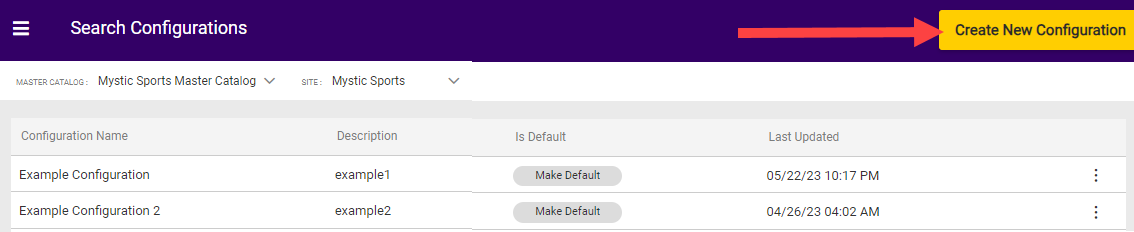 Screenshot of Configurations in search settings with an arrow pointing at the Create New Configuration button