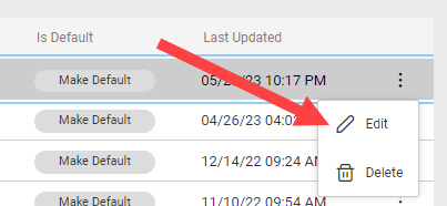 Screenshot of configurations in search settings with an arrow pointing at the edit button of Test2 configuration