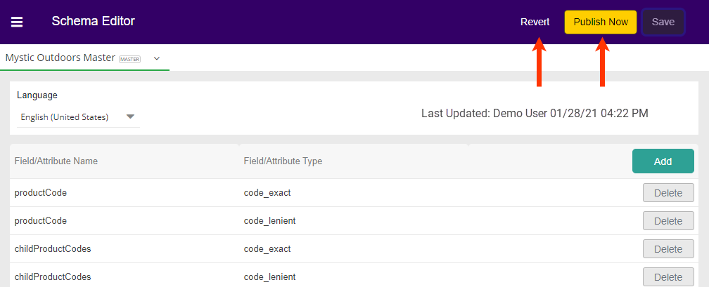 Screenshot of the field entries in the schema editor with arrows pointing to the Revert and Publish Now buttons