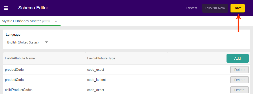 Screenshot of the listings within the Schema Editor with an arrow pointing to the Save button
