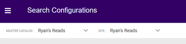 The Search Configurations page with the catalog and site in the header
