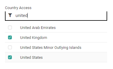 Example of the search function in the country list