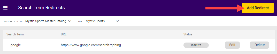Arrow pointing to Add Redirect button