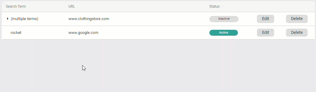 Gif showing the expansion of multiple terms in redirect listings