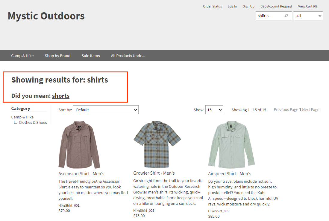 Screenshot of search results for the term "shirts" with a Did you mean link for the similar term "shorts"