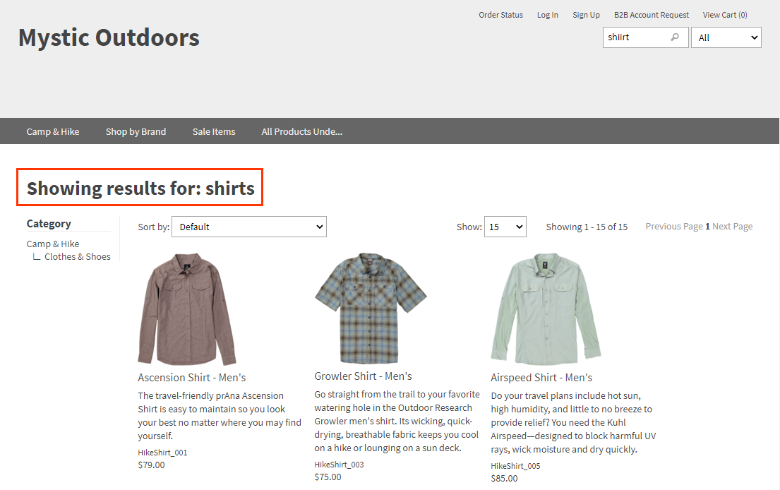 Screenshot of search results for the term "shirts"
