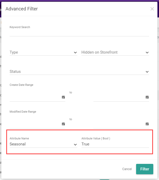 The Category UI's advanced filter menu with a callout for the attribute filter