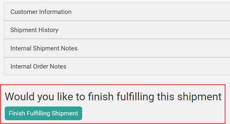 The shipment details with a close-up of the Finish Fulfilling Shipment button