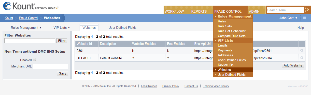 Callout of the Websites link in the Kount fraud control options