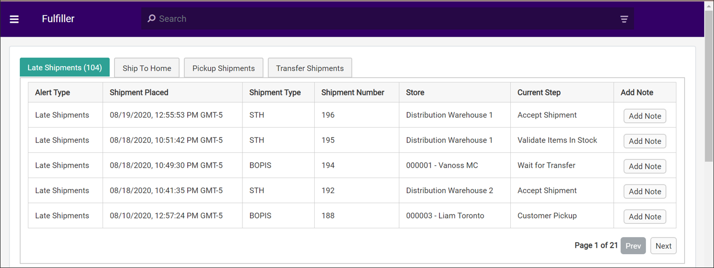 The Fulfiller UI homepage with a grid of shipments