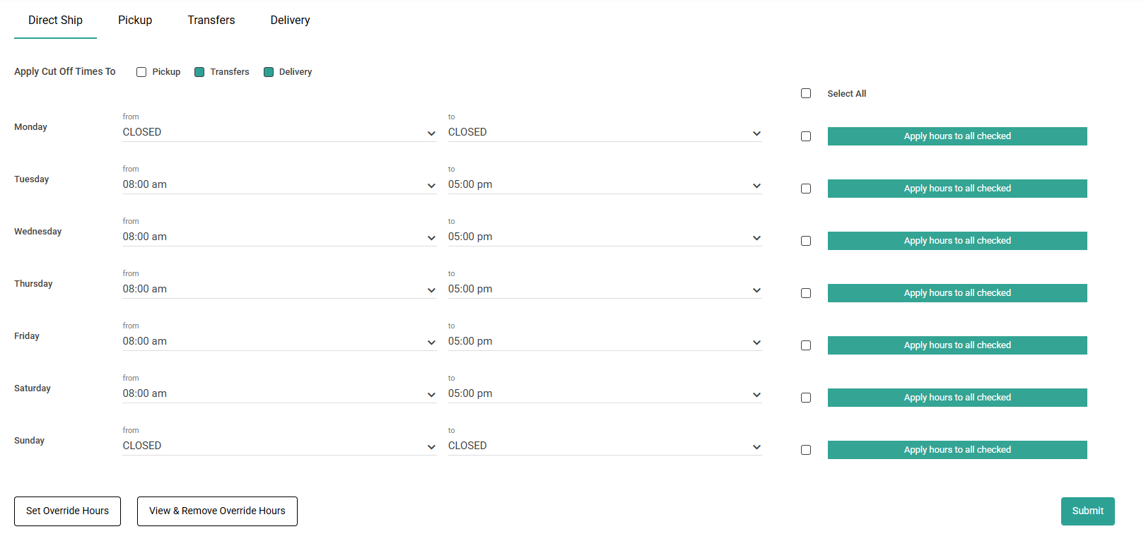 The cut off times filled out for each day of the week
