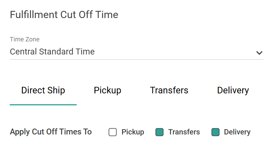 The initial Fulfillment Cut Off Time settings with a time zone and fulfillment types selected
