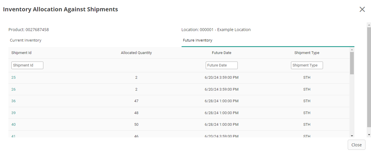 The shipment allocation pop-up with example shipments for future inventory