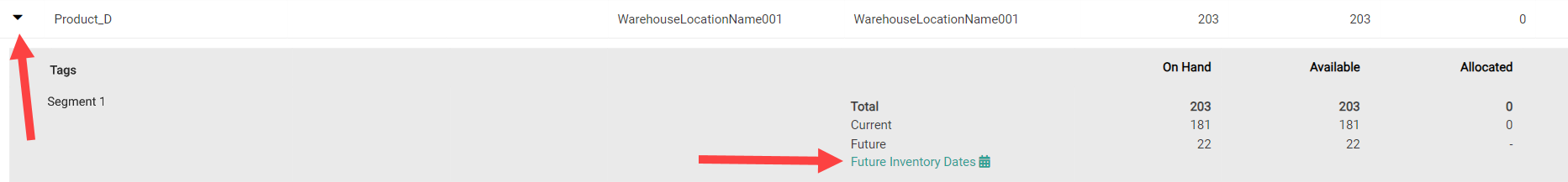 An inventory record expanded to show the Future Inventory Dates link
