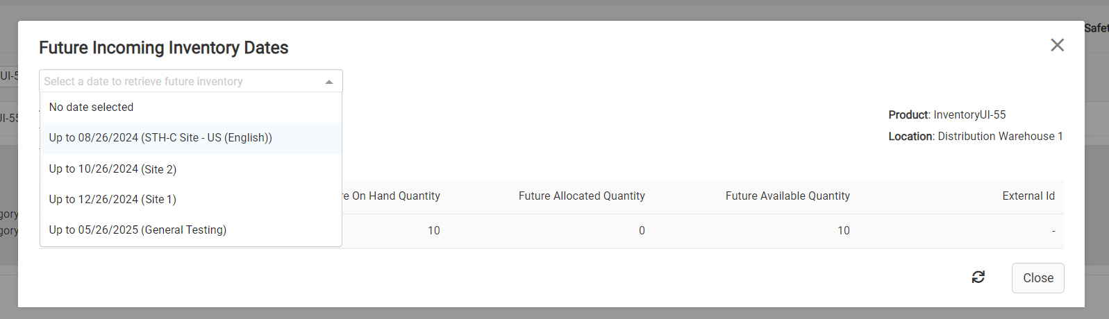 The Future incoming inventory dates table
