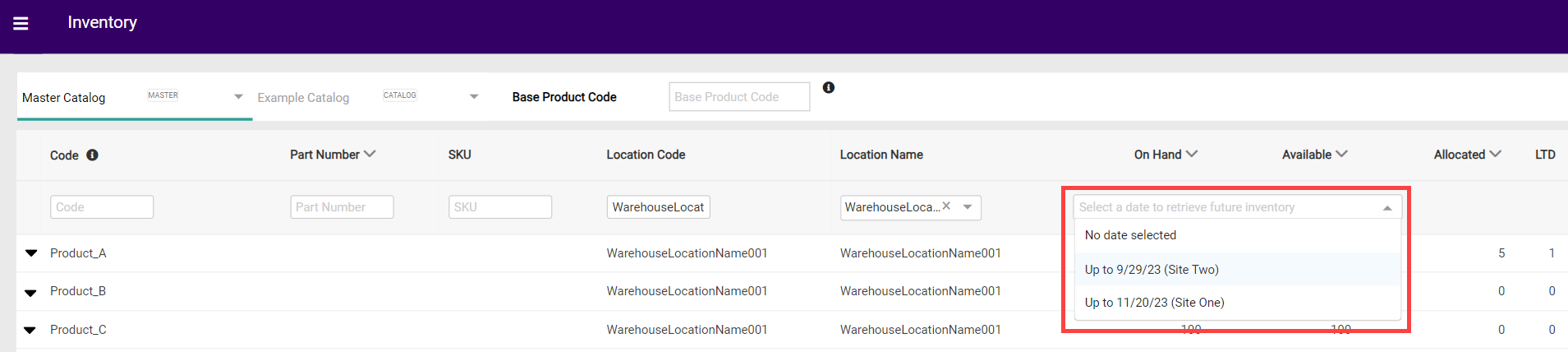 The Inventory UI with a callout for the future date dropdown