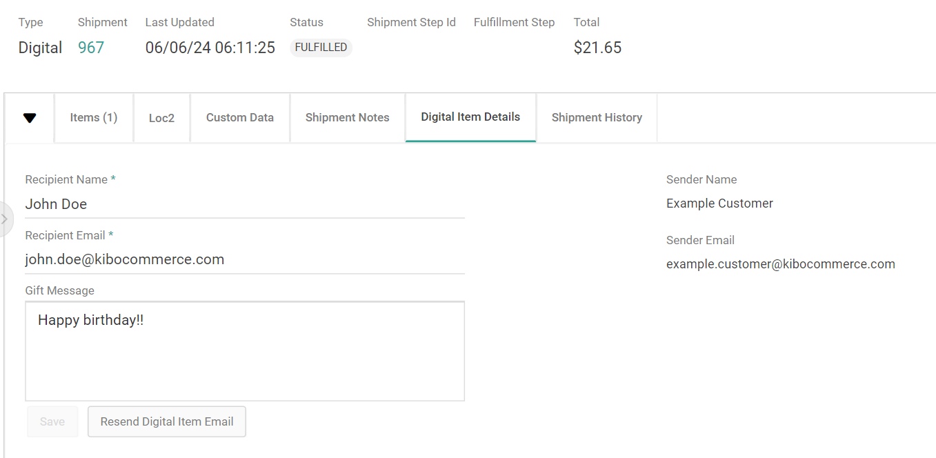 The Gift Card Details tab of shipment information