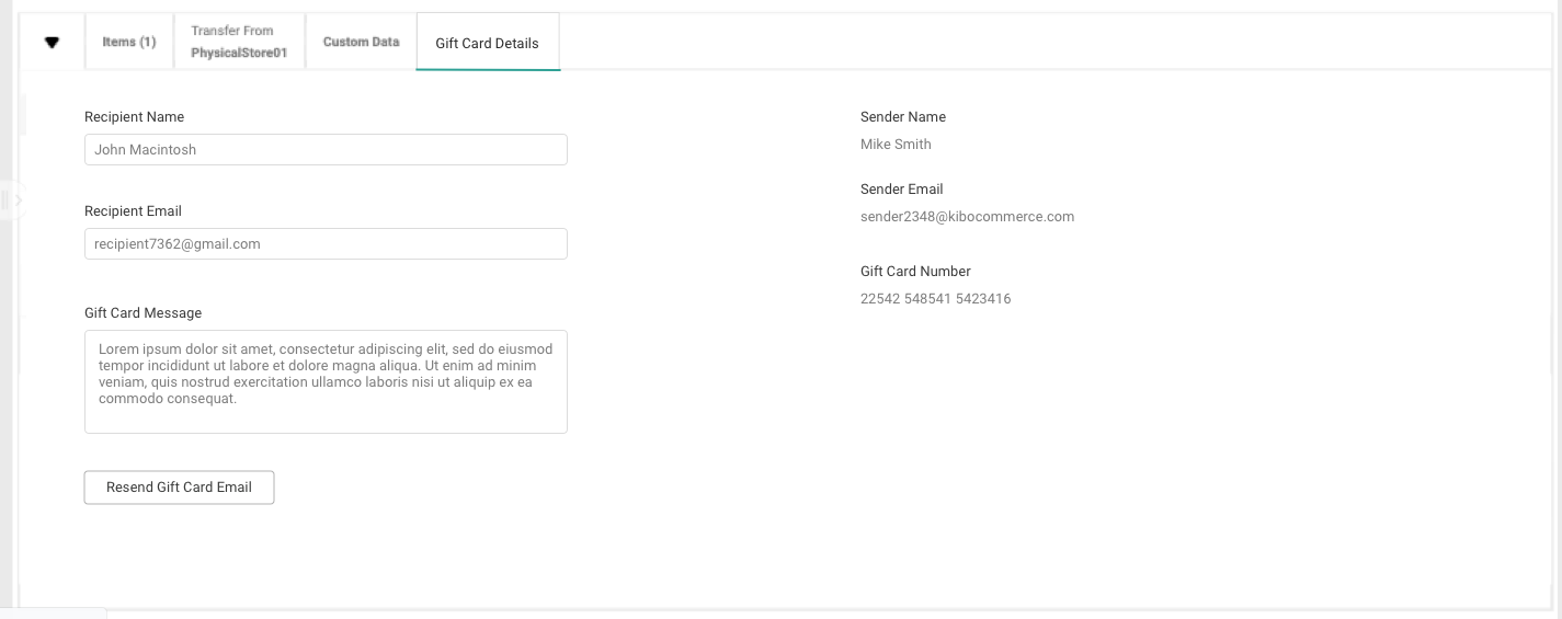 The Gift Card Details tab in shipment details