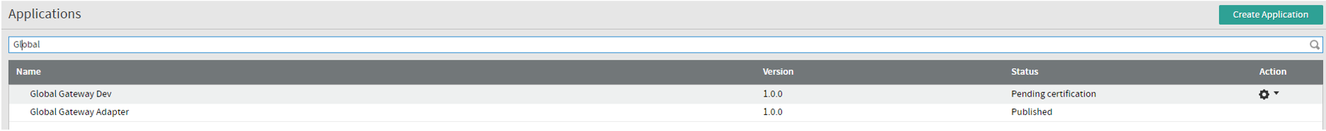 Close-up of the Applications search bar and listing table in Dev Center