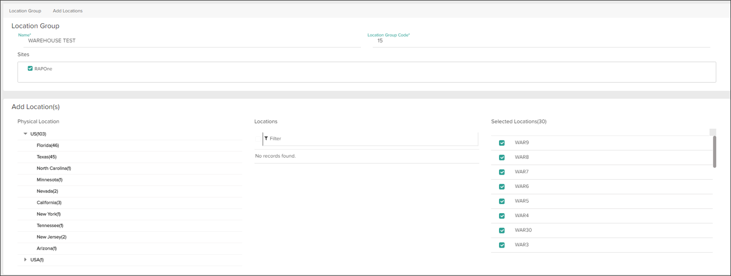 The form to create a new location group, with general configurations and location selections