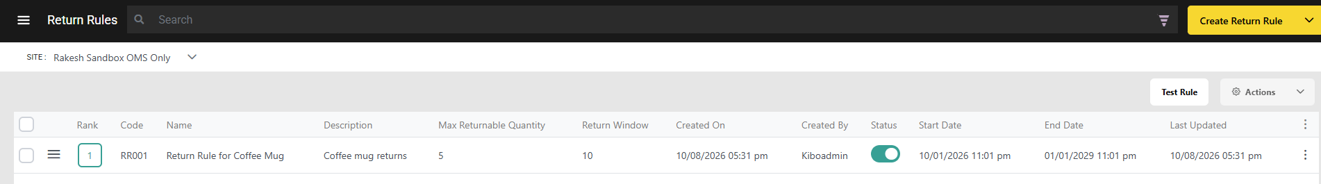 Return Rule List Page
