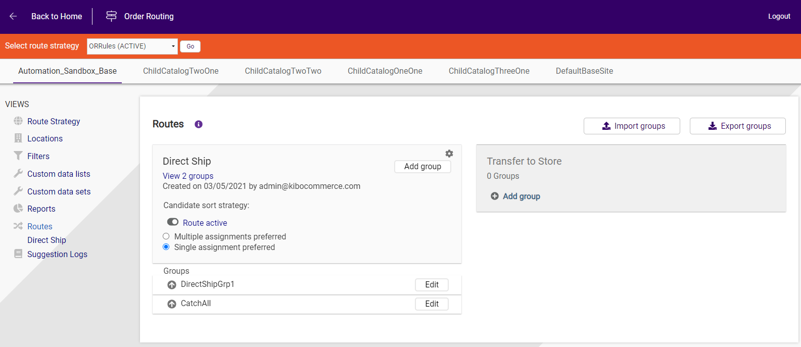 The Order Routing homepage with an example route