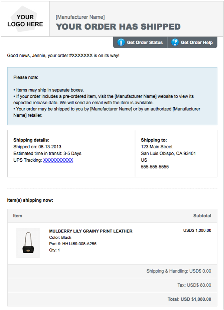 Example of a custom email stating Your Order Has Shipped