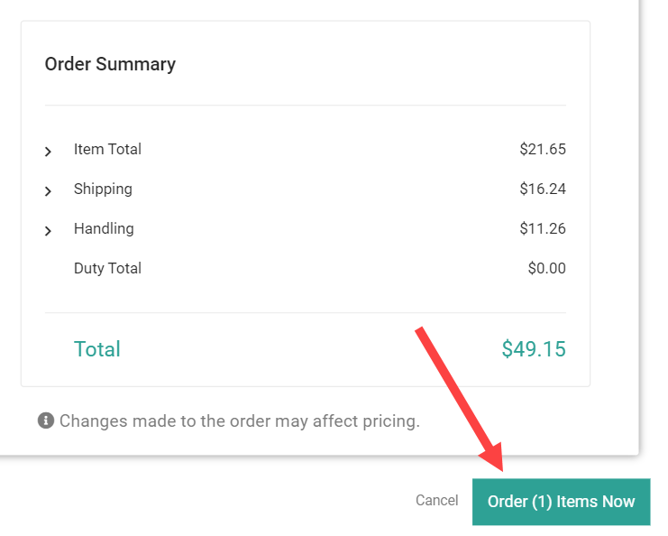 The Order Summary section with a callout for the Order Items Now button