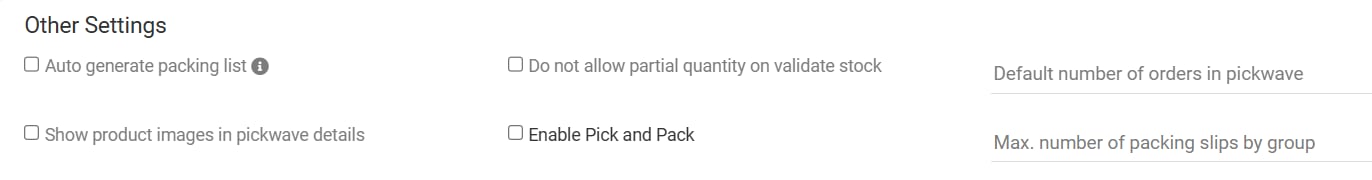 Close-up of additional settings for partial quantity and pick and pack options