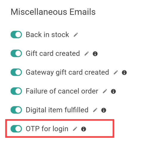 The Miscellaneous emails section with OTP enabled