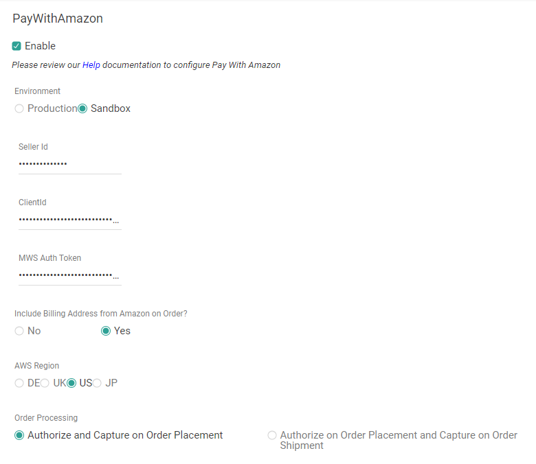 Pay With Amazon configurations including the Enable checkbox, environment selection, authentication fields, AWS region, billing and order processing behavior