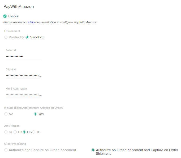 The Pay With Amazon configurations in payment settings