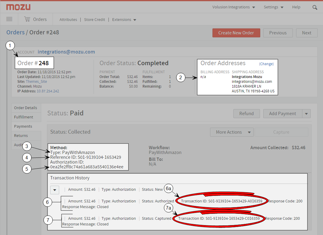 The order details in Order Admin with callouts for payment method and transaction history