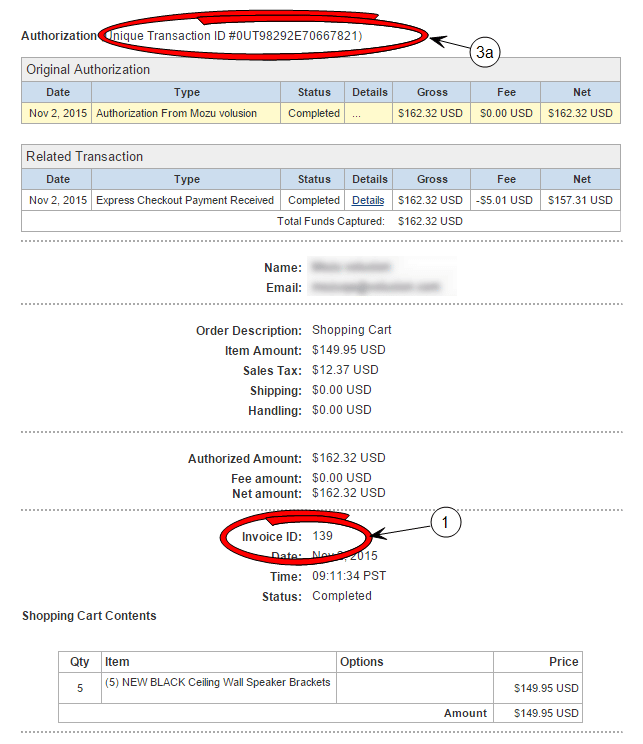 Example of a PayPal order in Admin with callouts for the invoice and transaction IDs