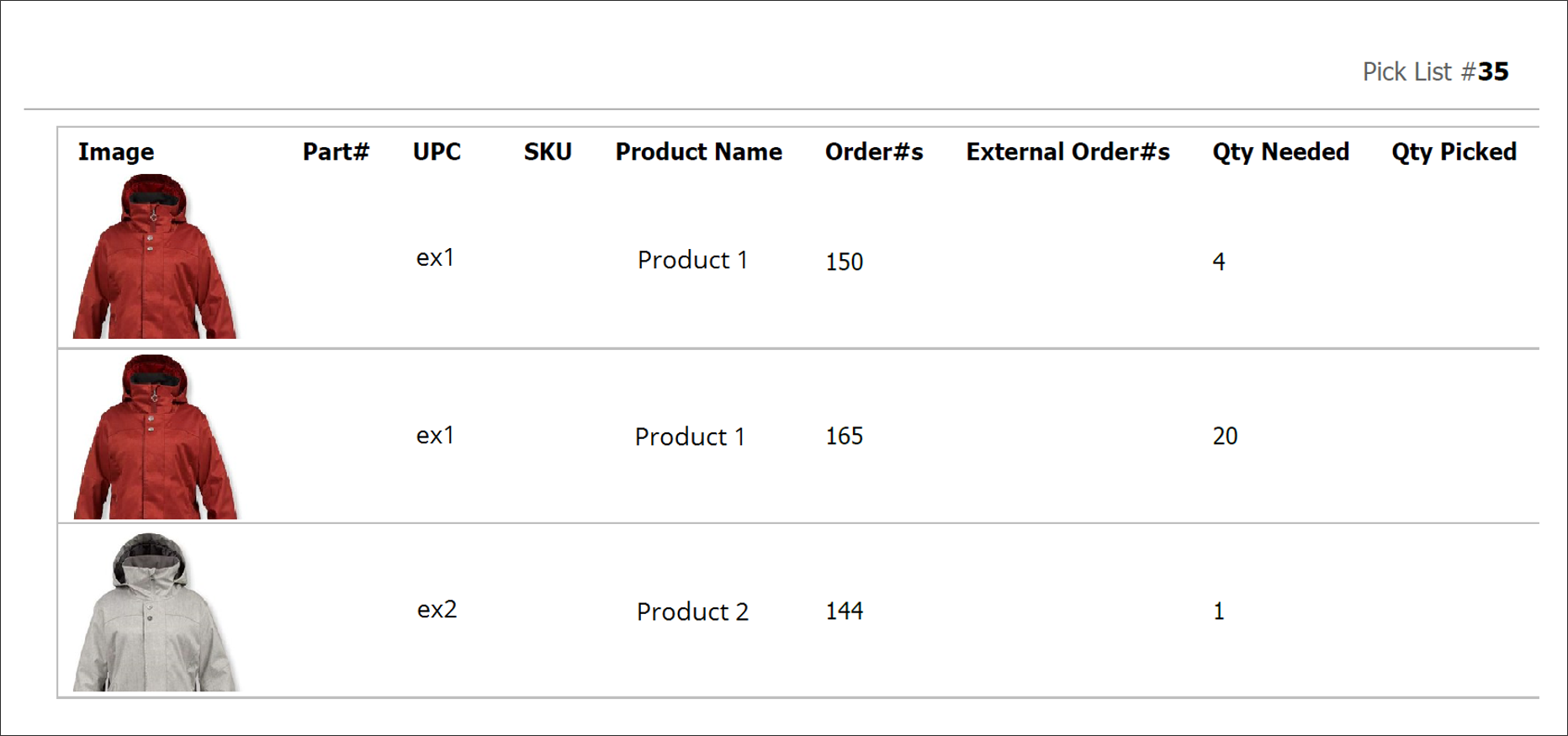 Example of an order pick list with multiple items
