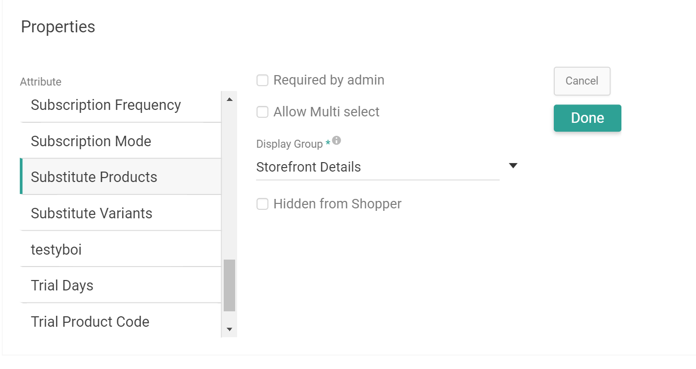 The Properties section of product type configurations with the Substitute Products attribute selected