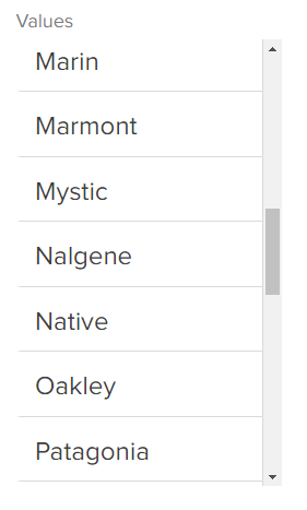 Close-up of the Values list with example options