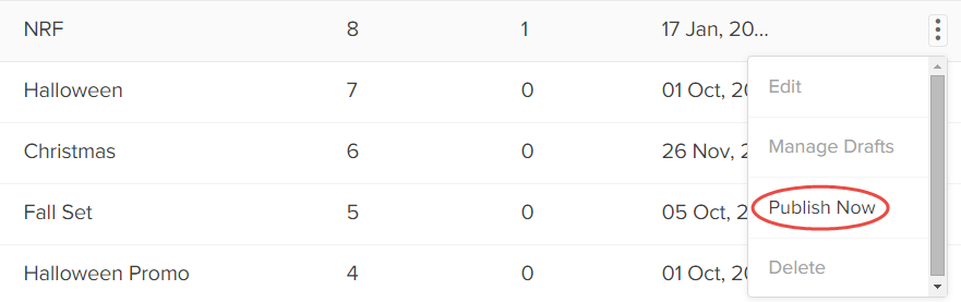 Callout of the Publish Now button in the drop-down menu of the Publish Set table