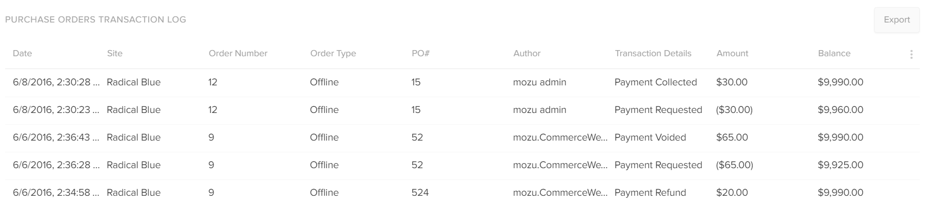 Close-up of the Purchase Orders Transaction Log in customer details