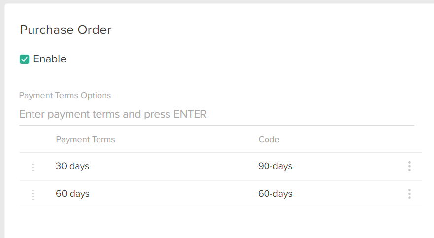 The purchase order configuration section with example payment terms
