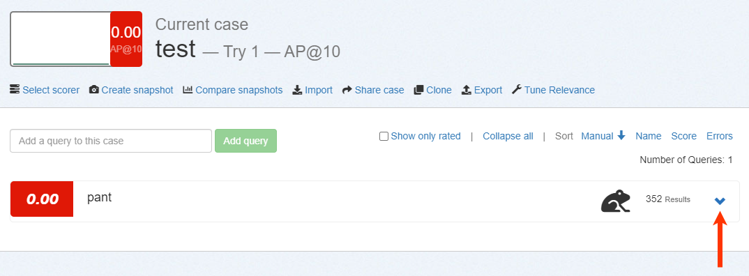 Quepid results screen with an arrow pointing to an expand drop-down arrow