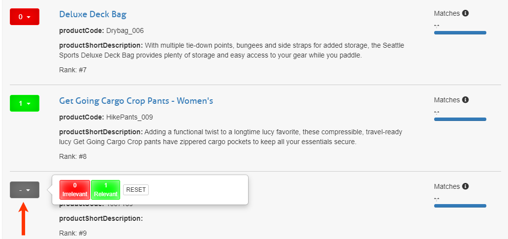 Quepid results screen with an arrow pointing to the relevance score of the last item