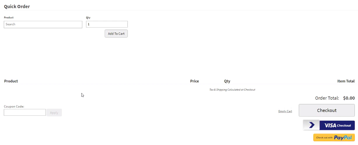 The Quick Order page on the storefront