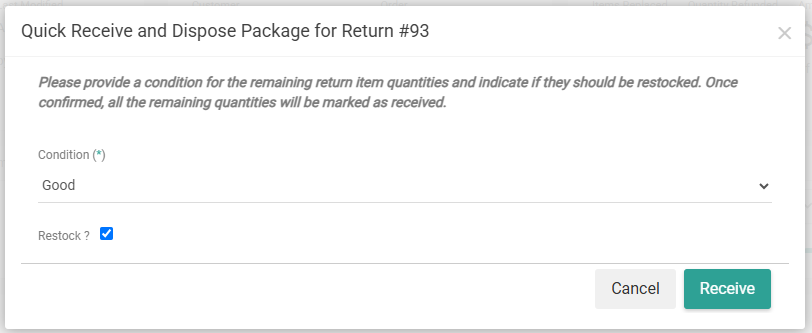 The quick receive modal of an example return