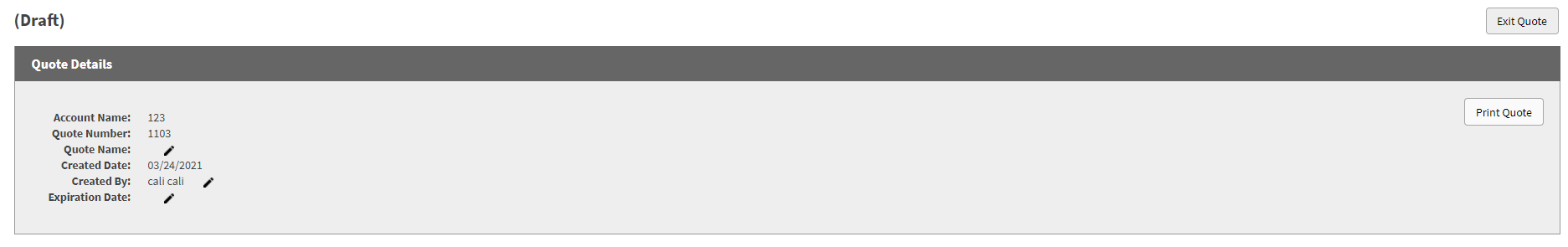 Example of drafted quote details on the storefront