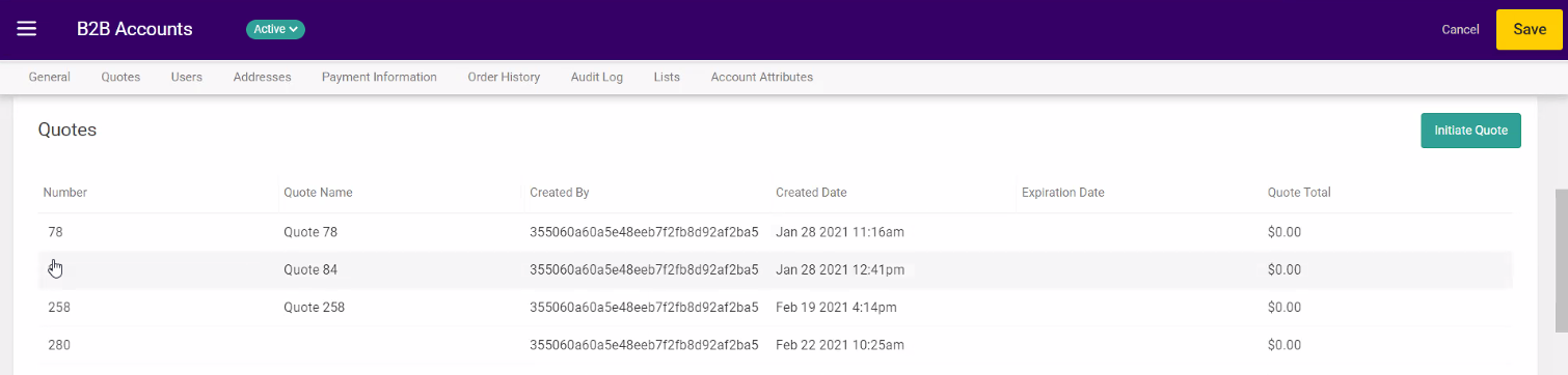 The Quotes table in B2B account details
