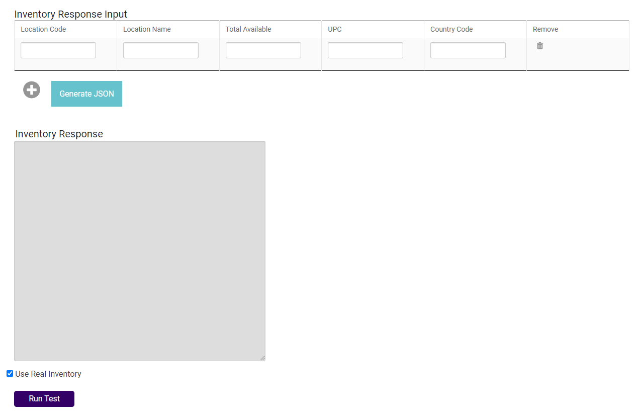 The form to input inventory response data and run a routing test