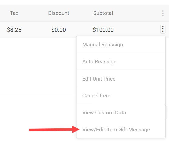 A callout for the View/Edit Item Gift Message button on a line item