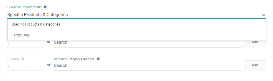 Close-up of the Purchase Requirements configuration form showing the drop-down menu for Specific Products or Target Only